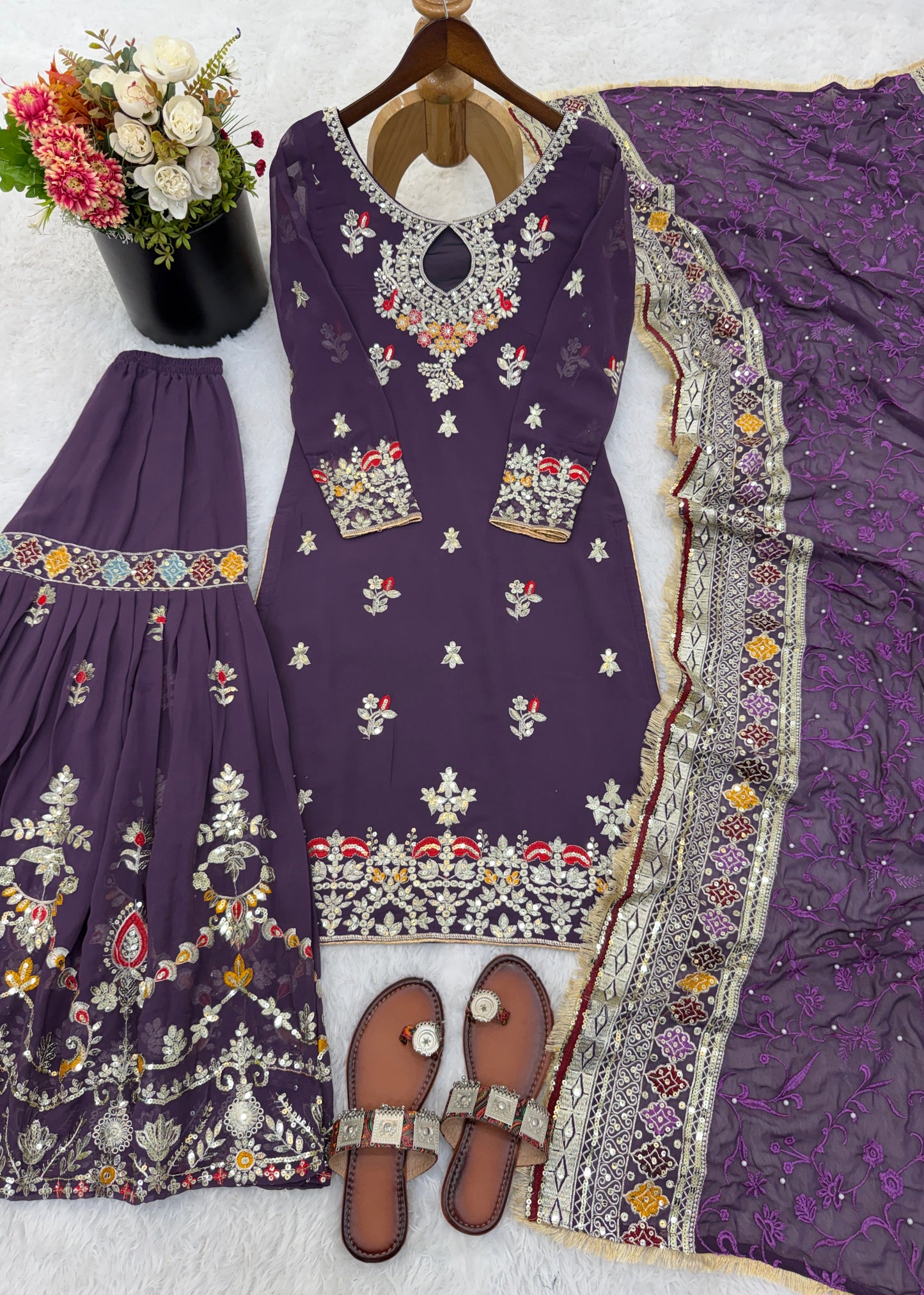 Shriwal Embroidered Faux Georgette Sharara Palazzo Suit Set Wine(3 colours)