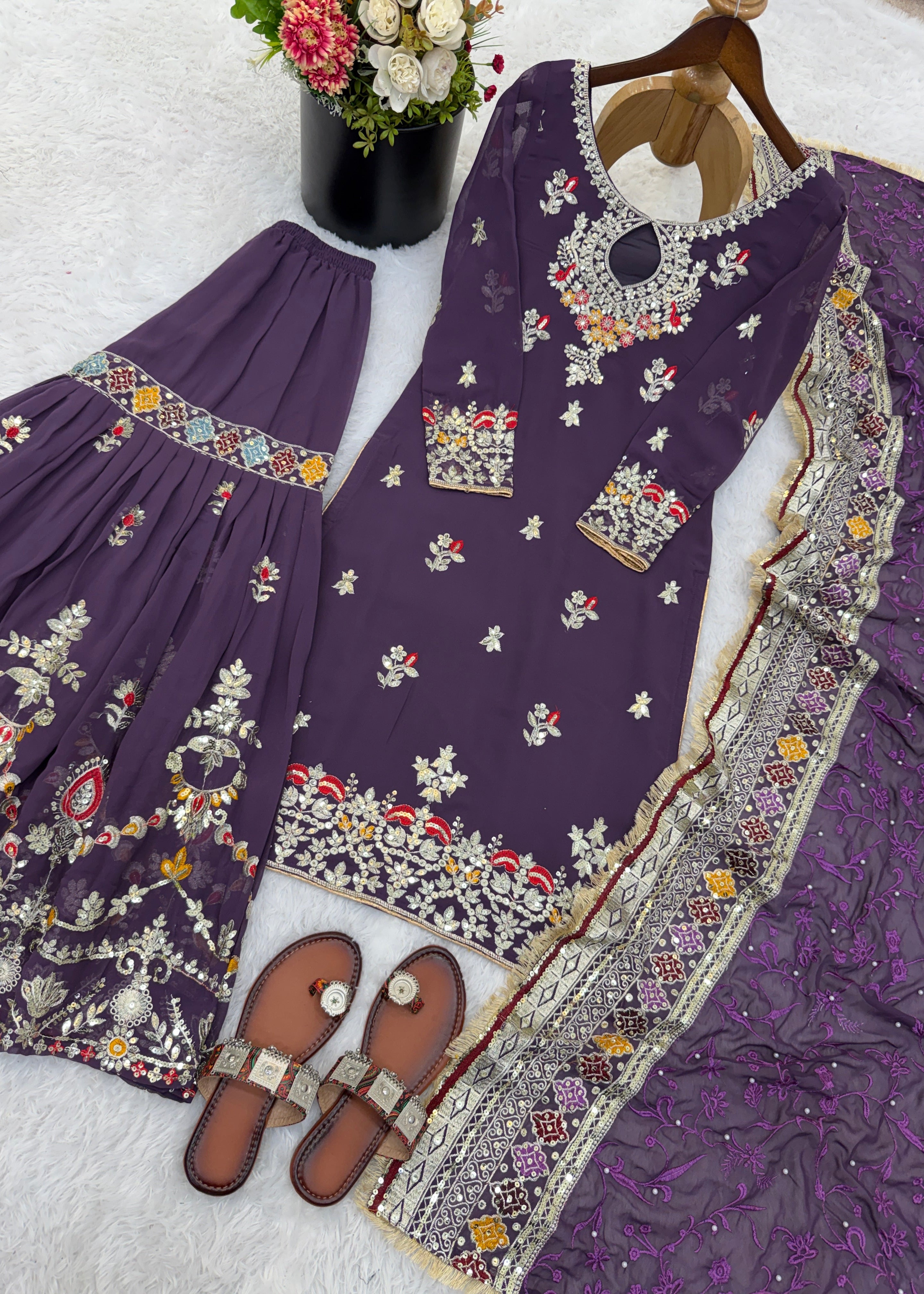 Shriwal Embroidered Faux Georgette Sharara Palazzo Suit Set Wine(3 colours)