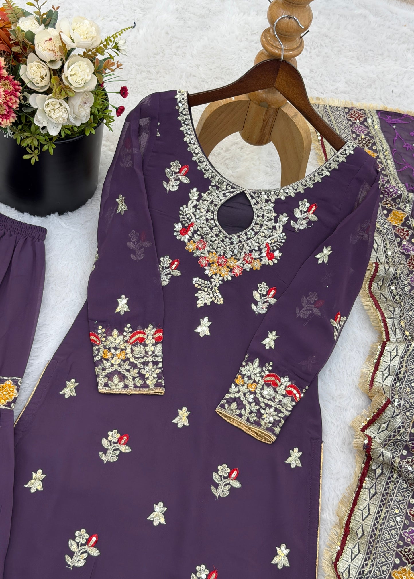 Shriwal Embroidered Faux Georgette Sharara Palazzo Suit Set Wine(3 colours)