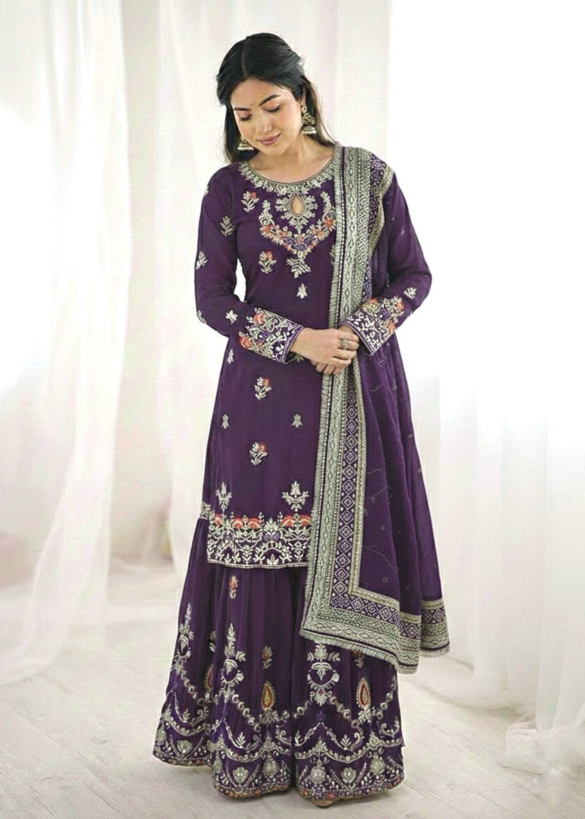 Shriwal Embroidered Faux Georgette Sharara Palazzo Suit Set Wine(3 colours)