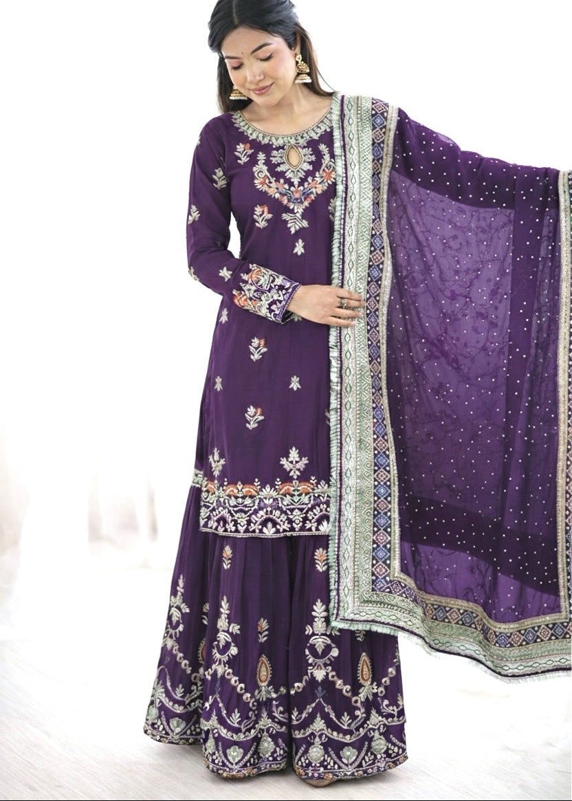 Shriwal Embroidered Faux Georgette Sharara Palazzo Suit Set Wine(3 colours)