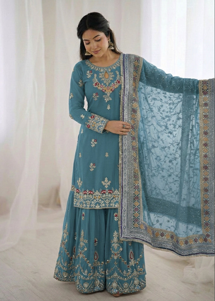 Shriwal Embroidered Faux Georgette Sharara Palazzo Suit Set Teal(3 colours)
