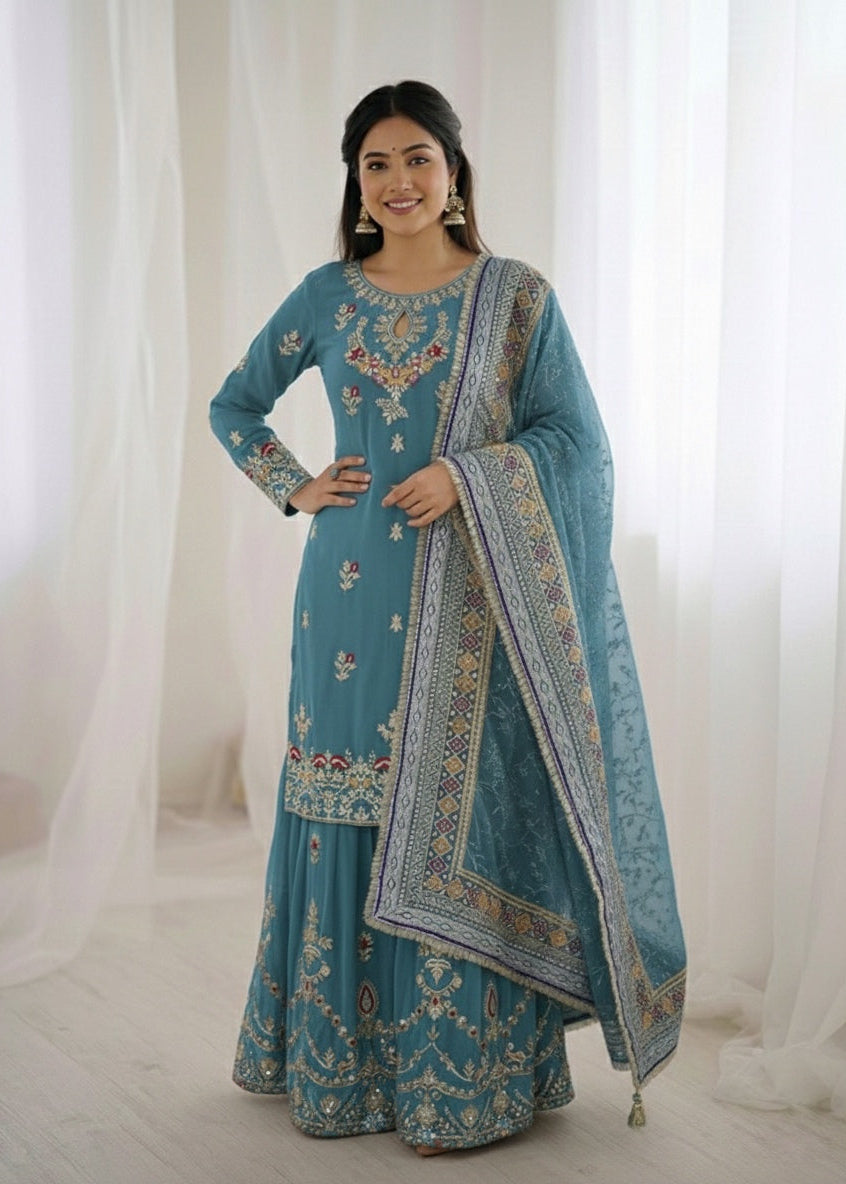 Shriwal Embroidered Faux Georgette Sharara Palazzo Suit Set Teal(3 colours)