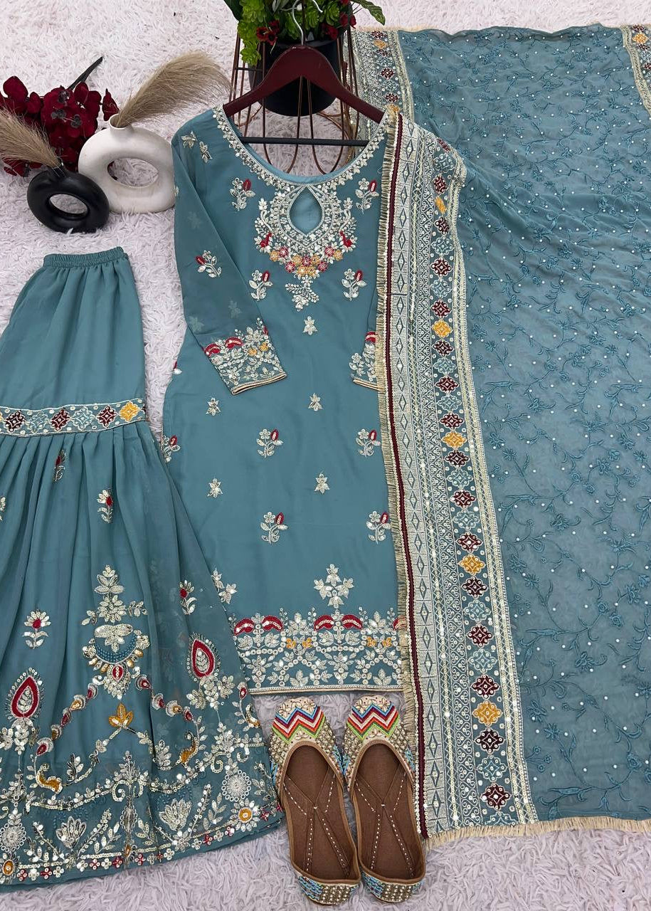 Shriwal Embroidered Faux Georgette Sharara Palazzo Suit Set Teal(3 colours)