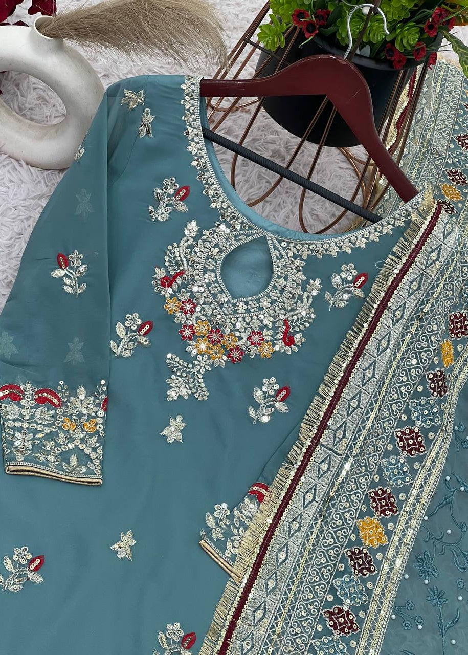Shriwal Embroidered Faux Georgette Sharara Palazzo Suit Set Teal(3 colours)