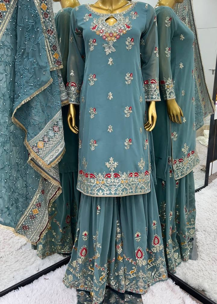 Shriwal Embroidered Faux Georgette Sharara Palazzo Suit Set Teal(3 colours)