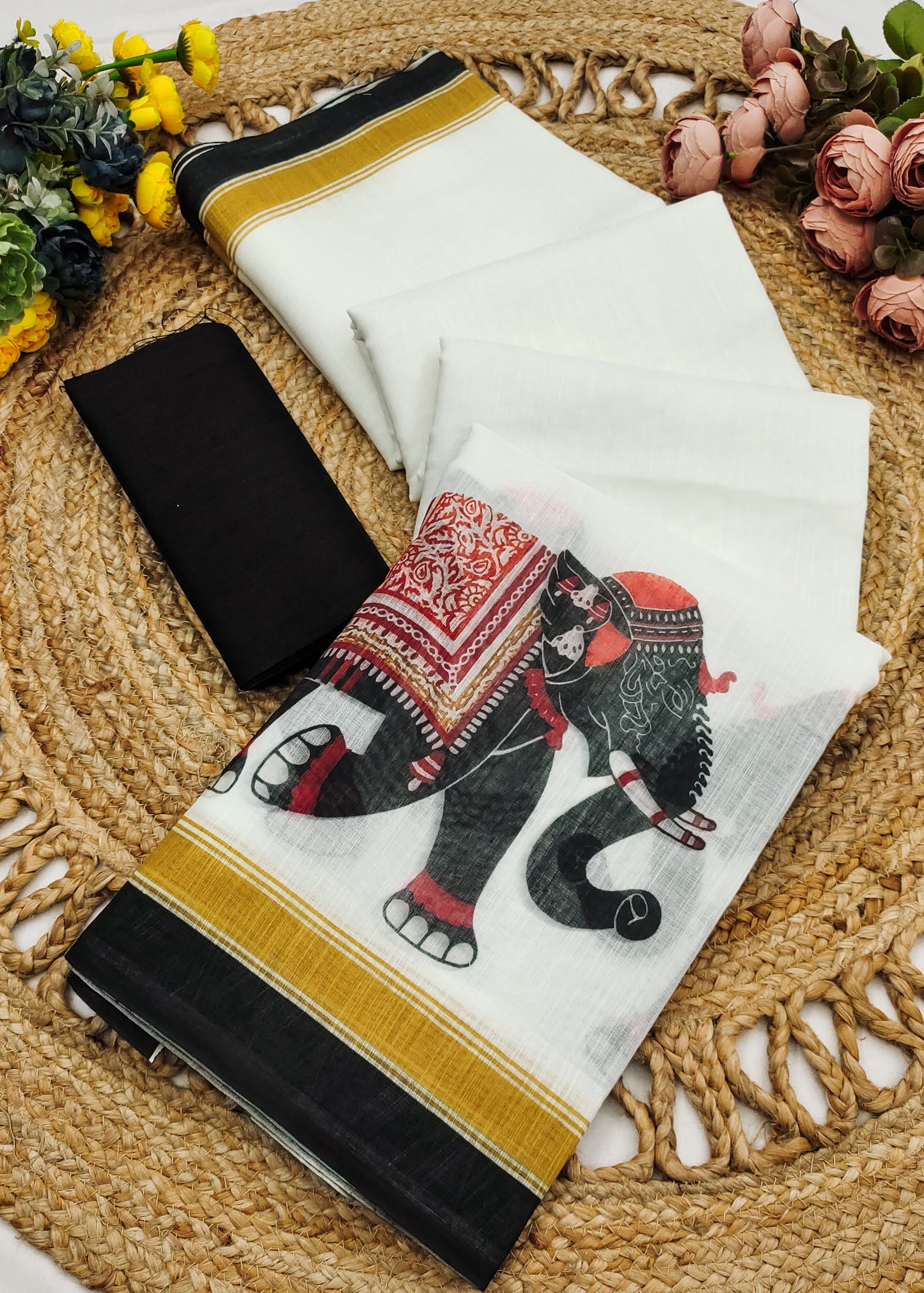 Shriwal Snow White Heritage Elephant Digital Linen Cotton Saree