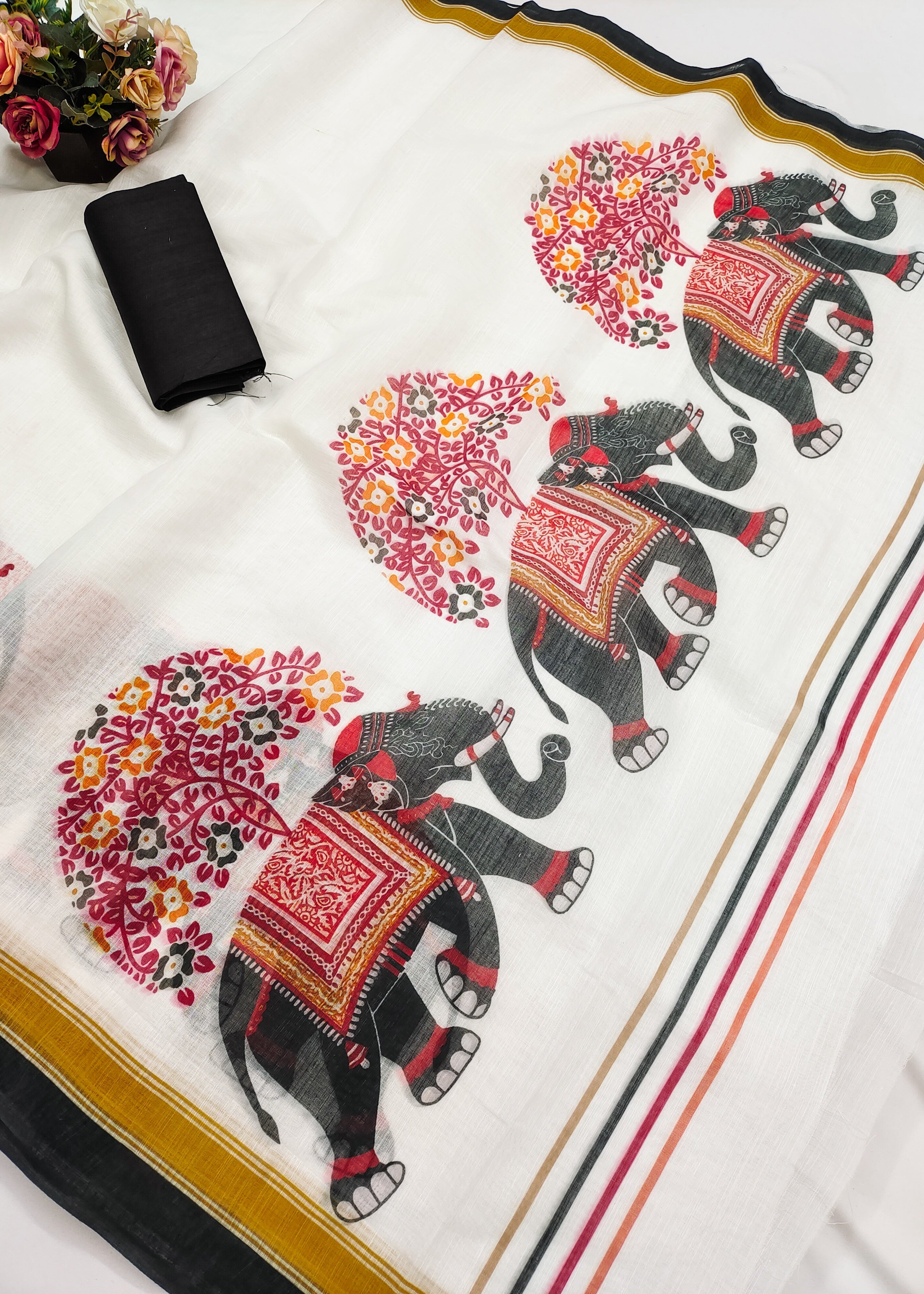 Shriwal Snow White Heritage Elephant Digital Linen Cotton Saree