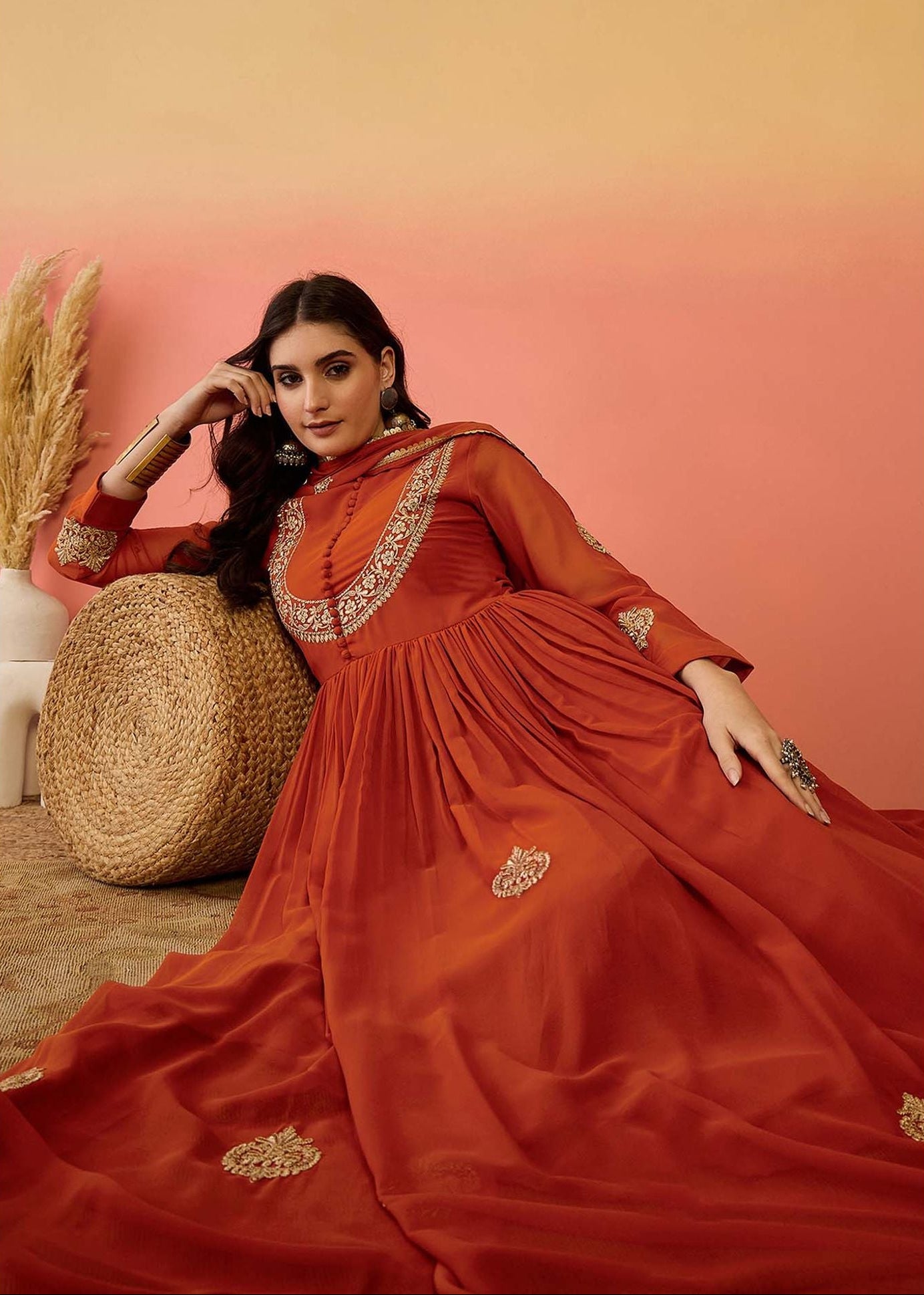 Shriwal Rust Blooming Georgette Anarkali Set
