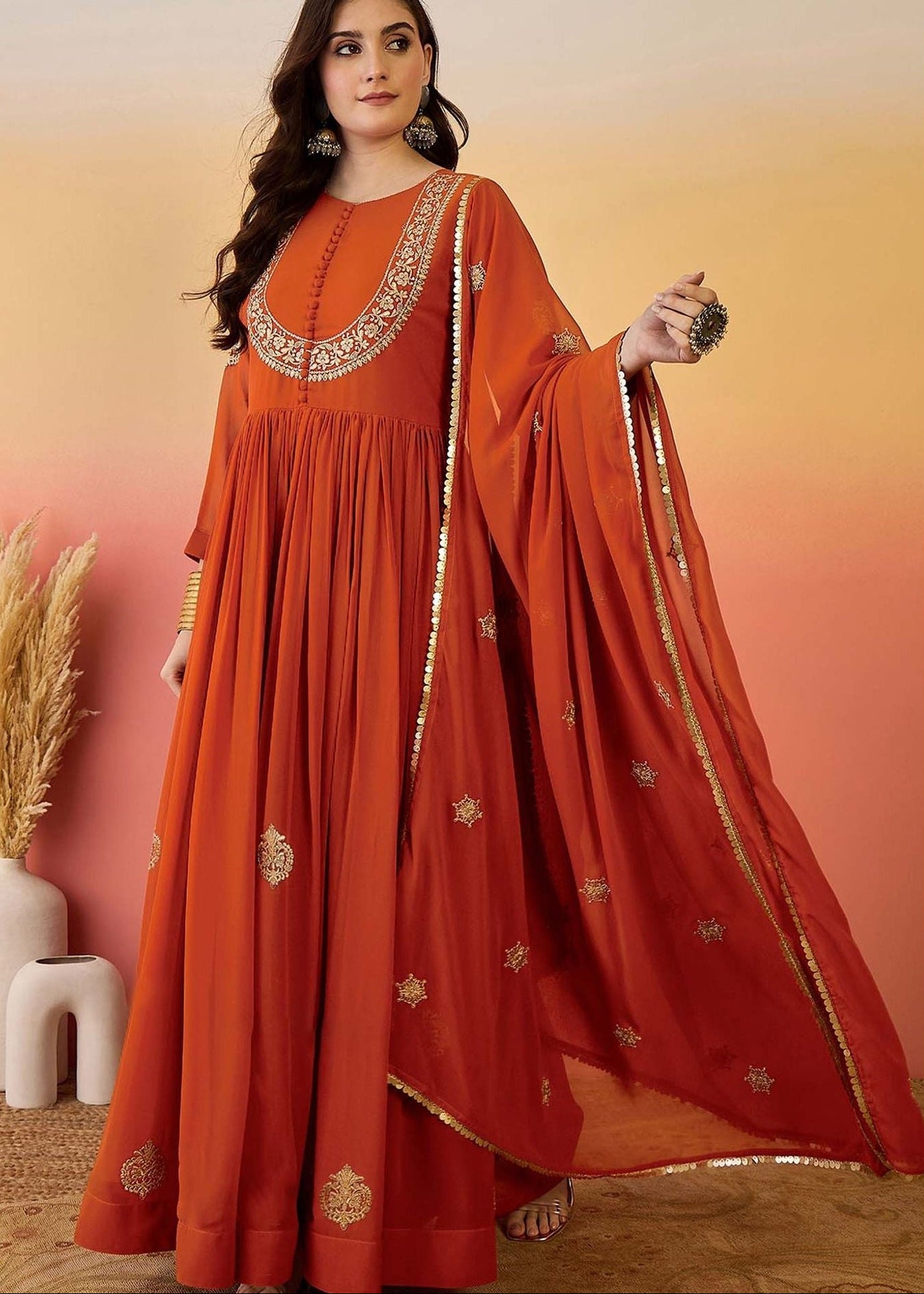 Shriwal Rust Blooming Georgette Anarkali Set