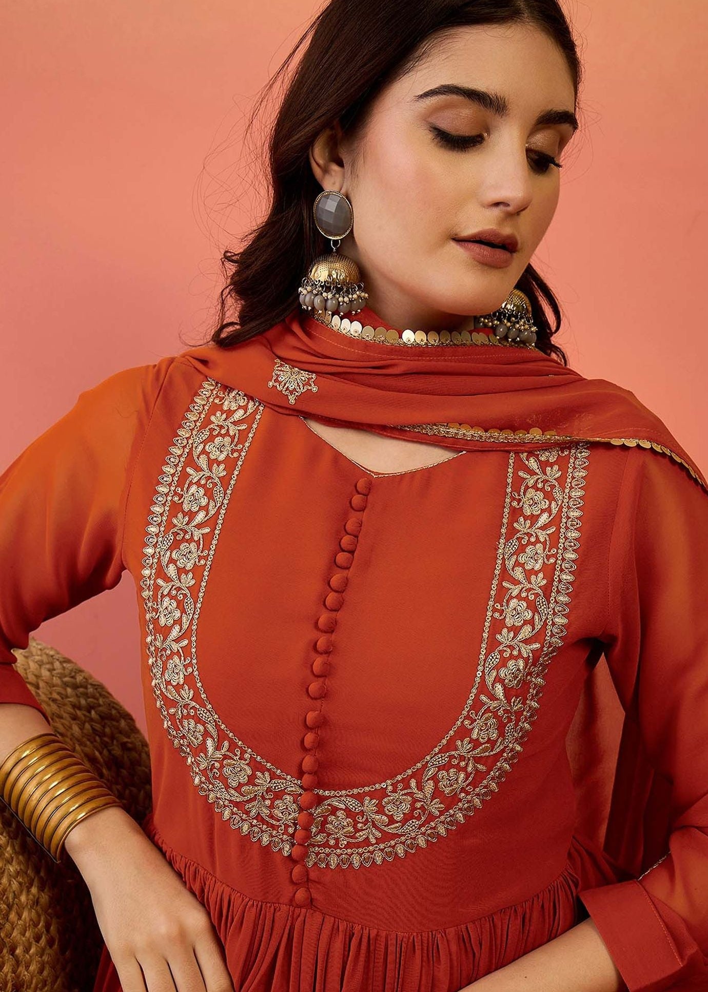 Shriwal Rust Blooming Georgette Anarkali Set