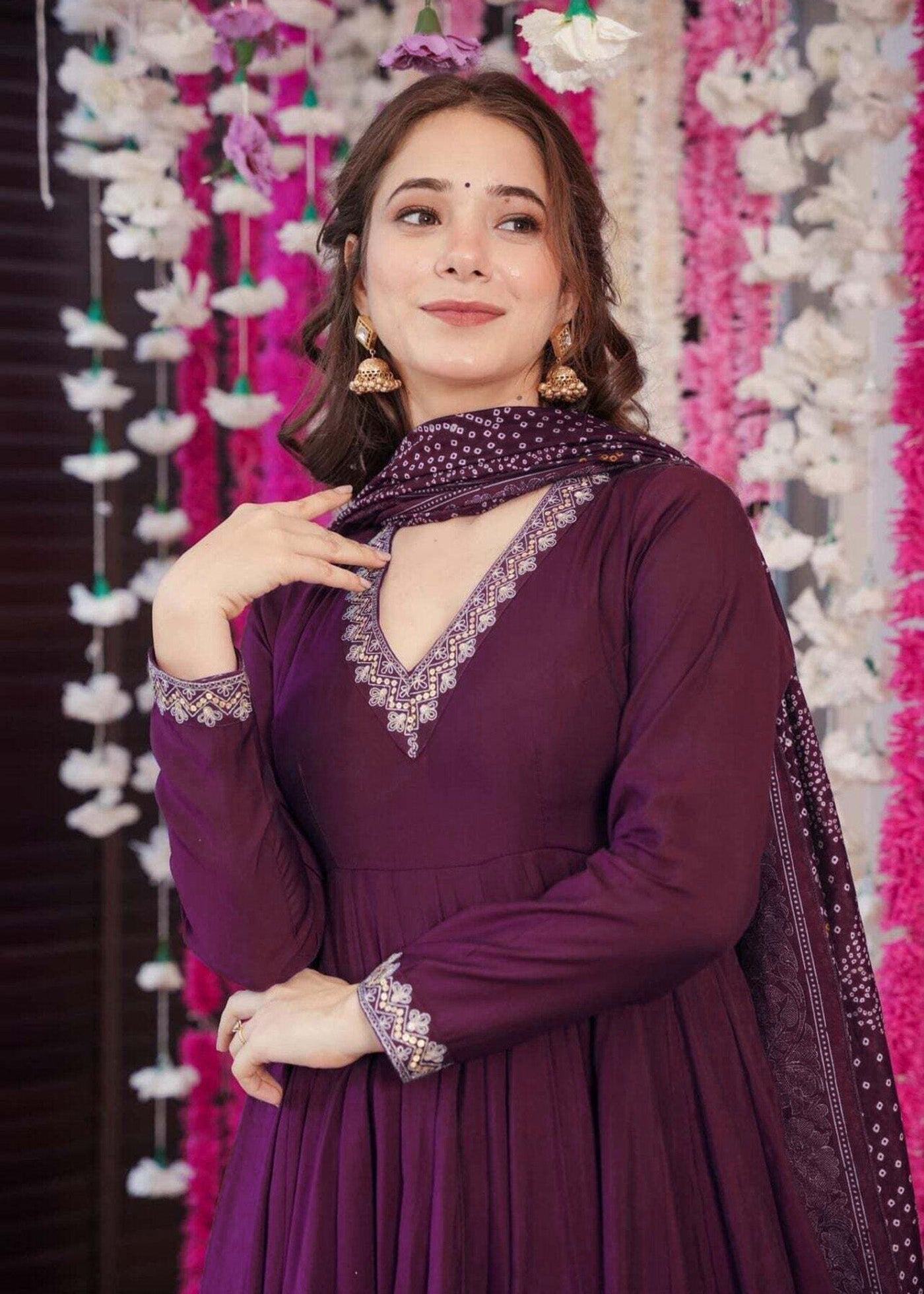 Shriwal Royal Plum Embroidered Anarkali Kurta Set with Chanderi Dupatta