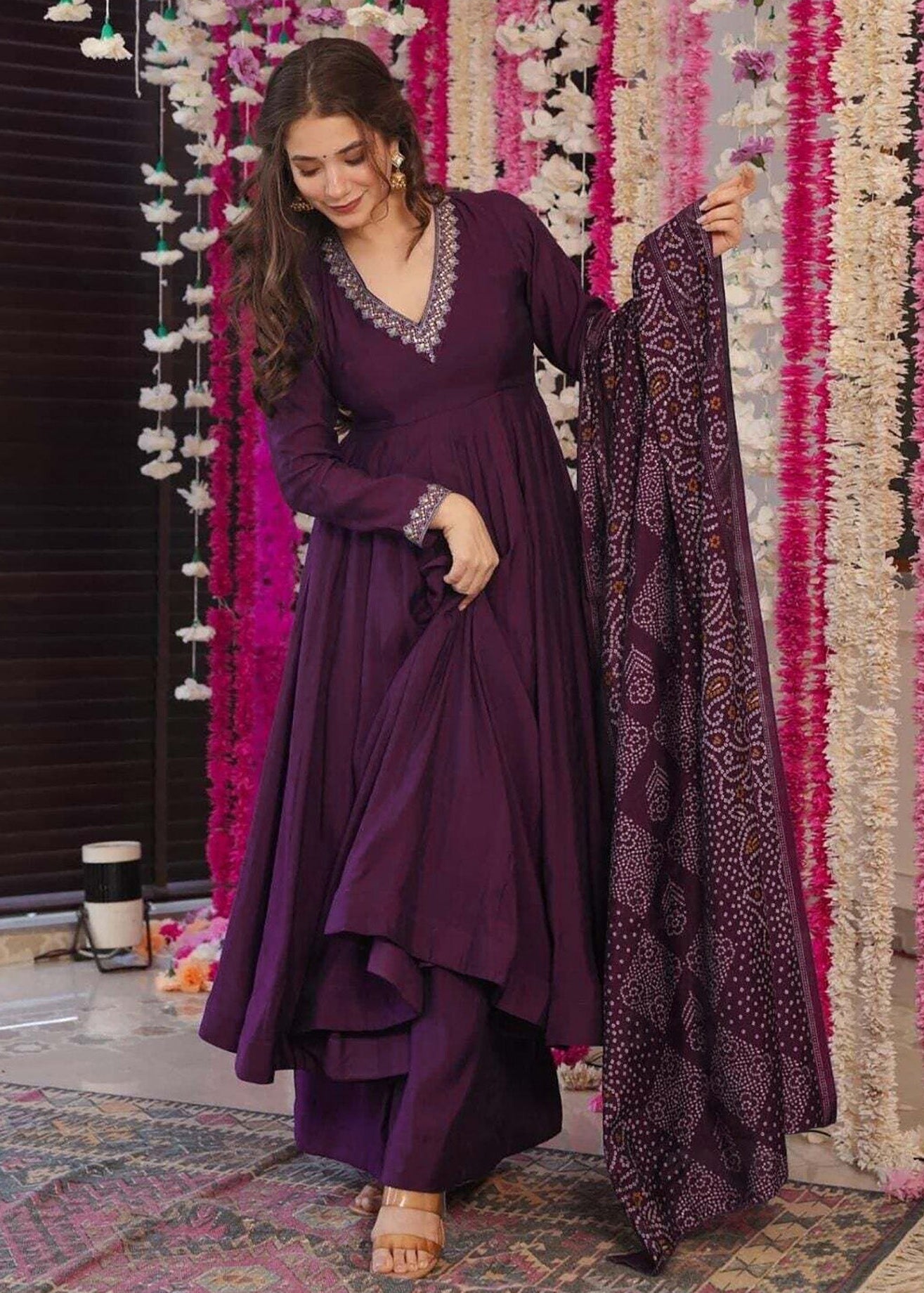 Shriwal Royal Plum Embroidered Anarkali Kurta Set with Chanderi Dupatta