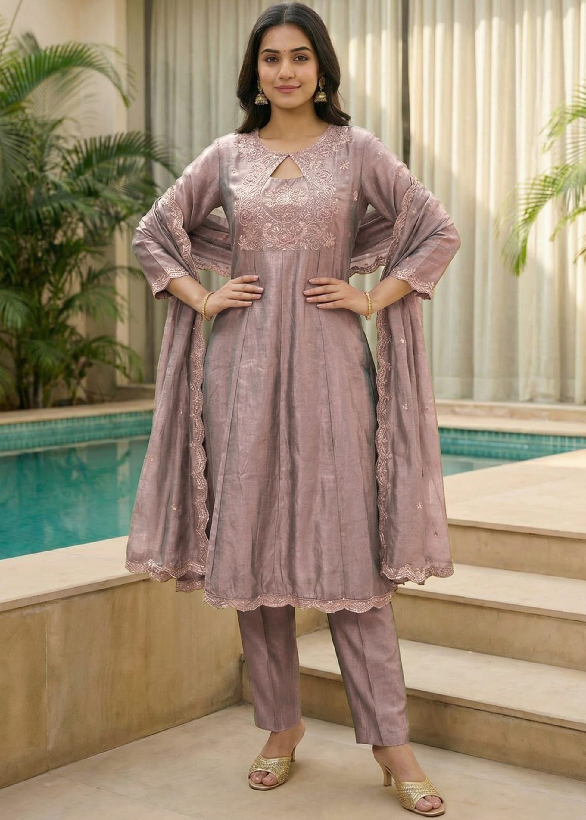 Woman wearing a dusty mauve Vichitra embroidered kurta set with matching straight pants and embroidered Vichitra dupatta, featuring a round neck with keyhole detail and full sleeves, perfect for festive and ethnic occasions."