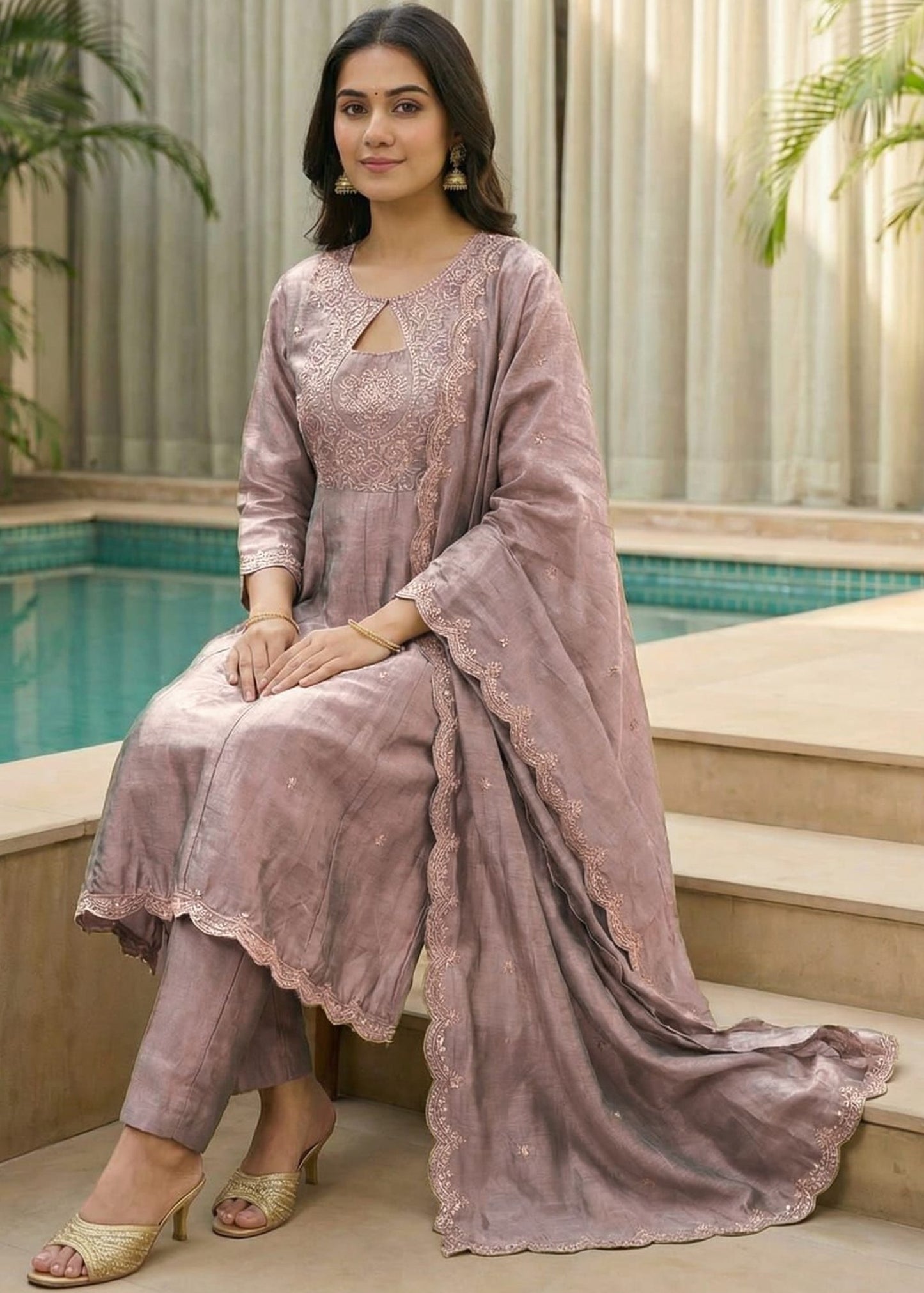 Shriwal Dusty Mauve Embroidered Kurta Set with Dupatta