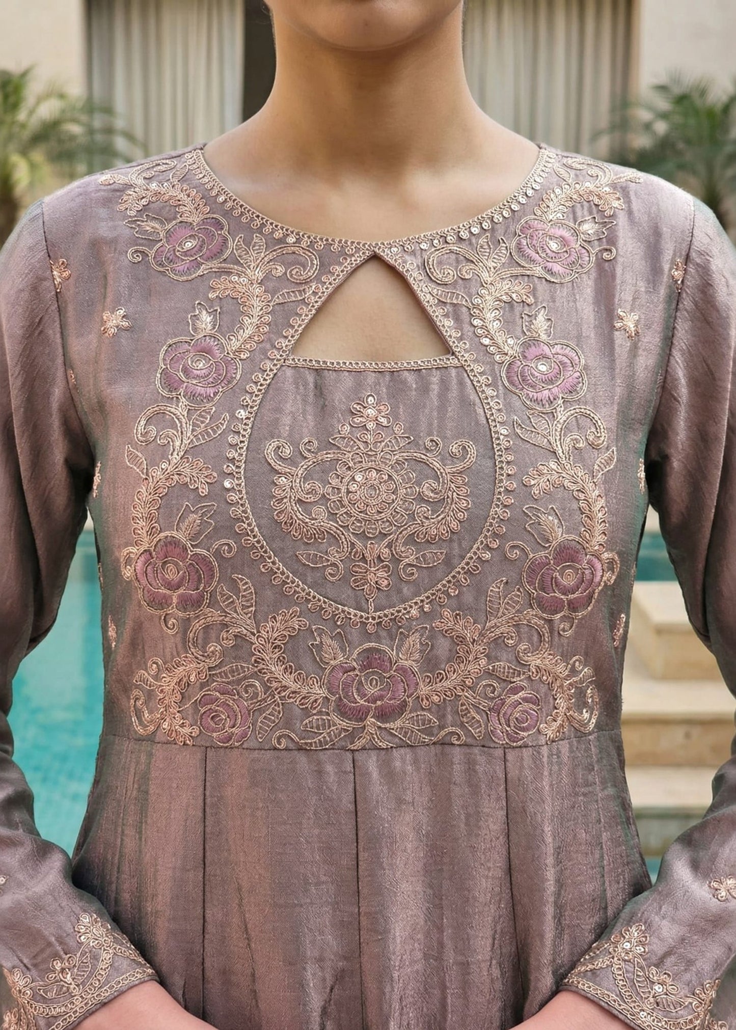 Shriwal Dusty Mauve Embroidered Kurta Set with Dupatta