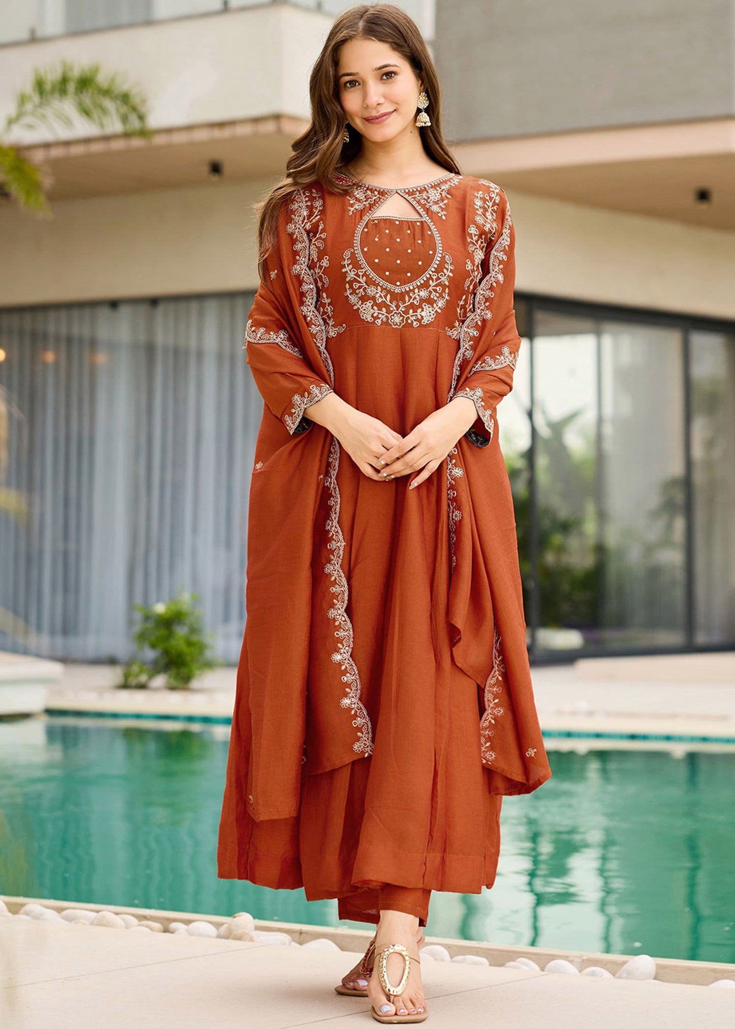 Shriwal Rust Orange Embroidered Anarkali Set