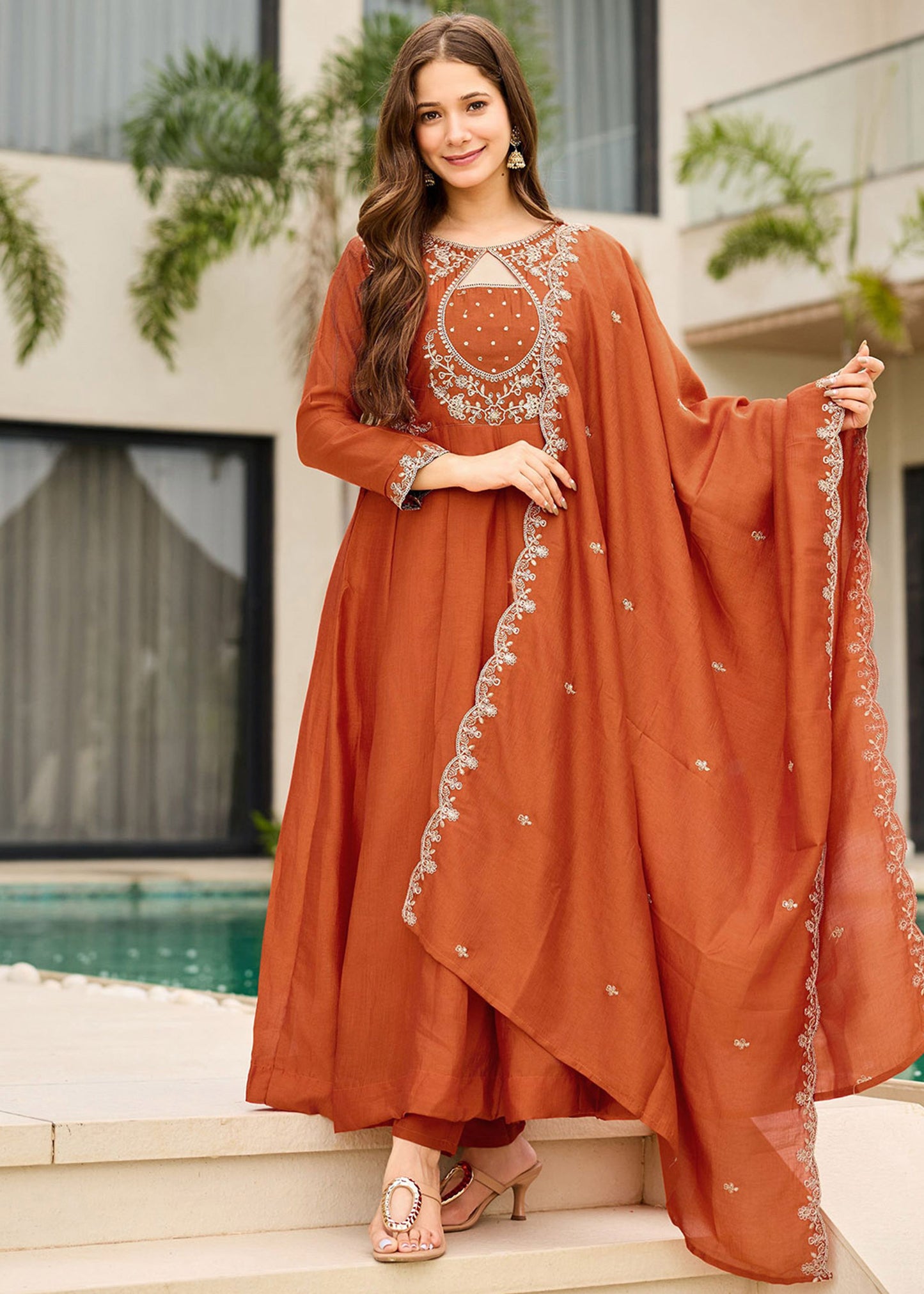 Shriwal Rust Orange Embroidered Anarkali Set