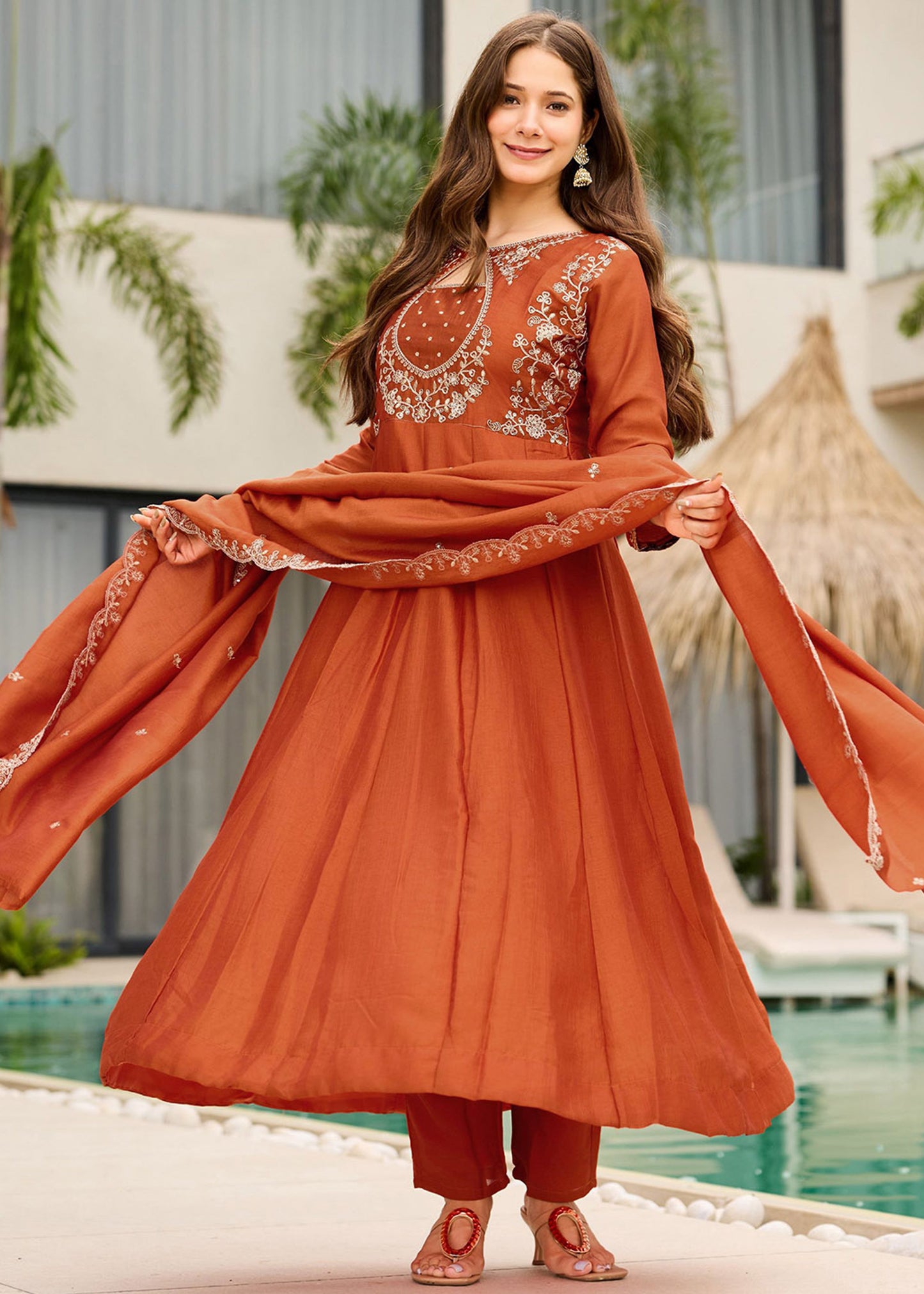 Shriwal Rust Orange Embroidered Anarkali Set