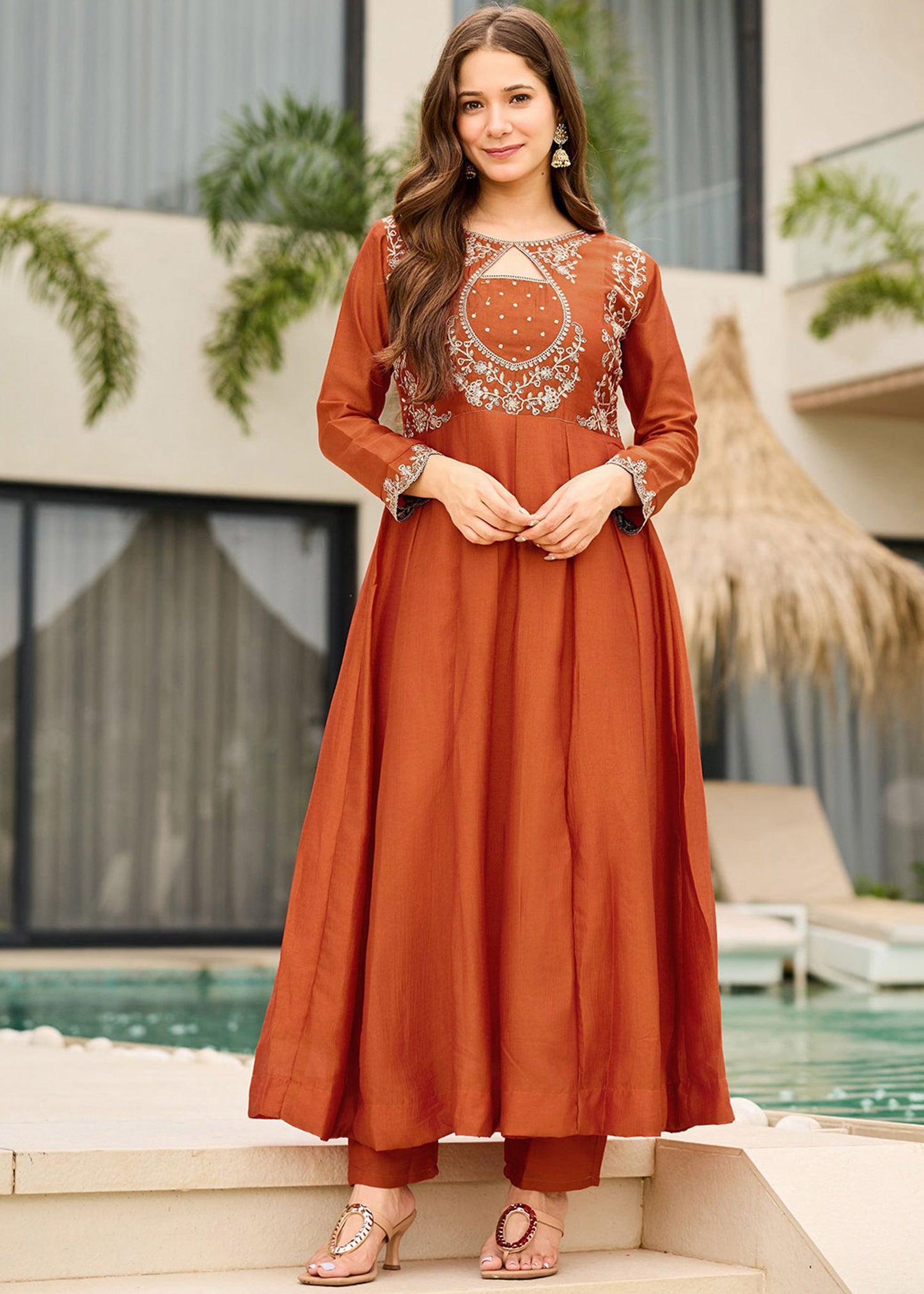 Shriwal Rust Orange Embroidered Anarkali Set