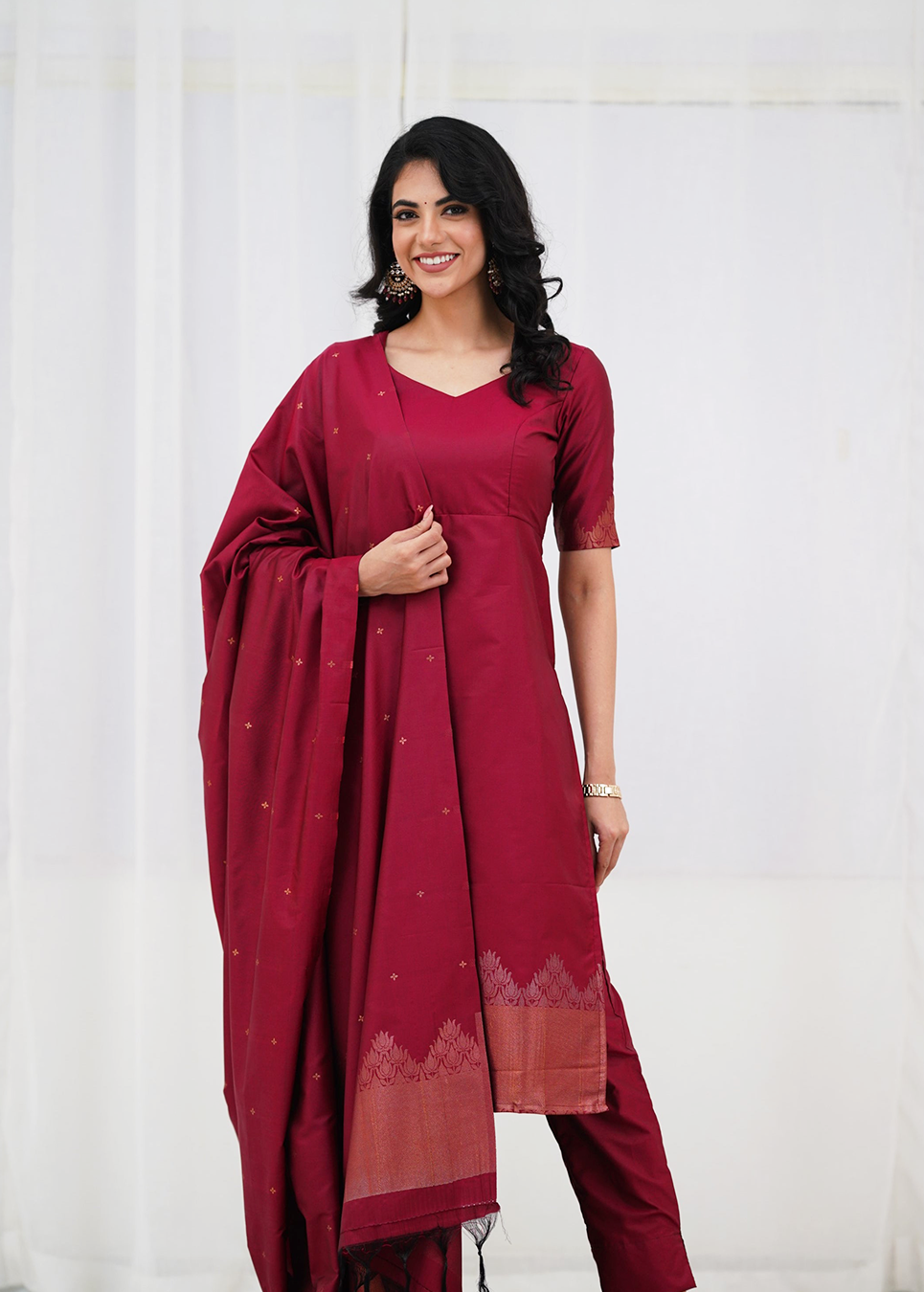 Elegant Zari Work Blended Silk Suit Set (3 Colors)