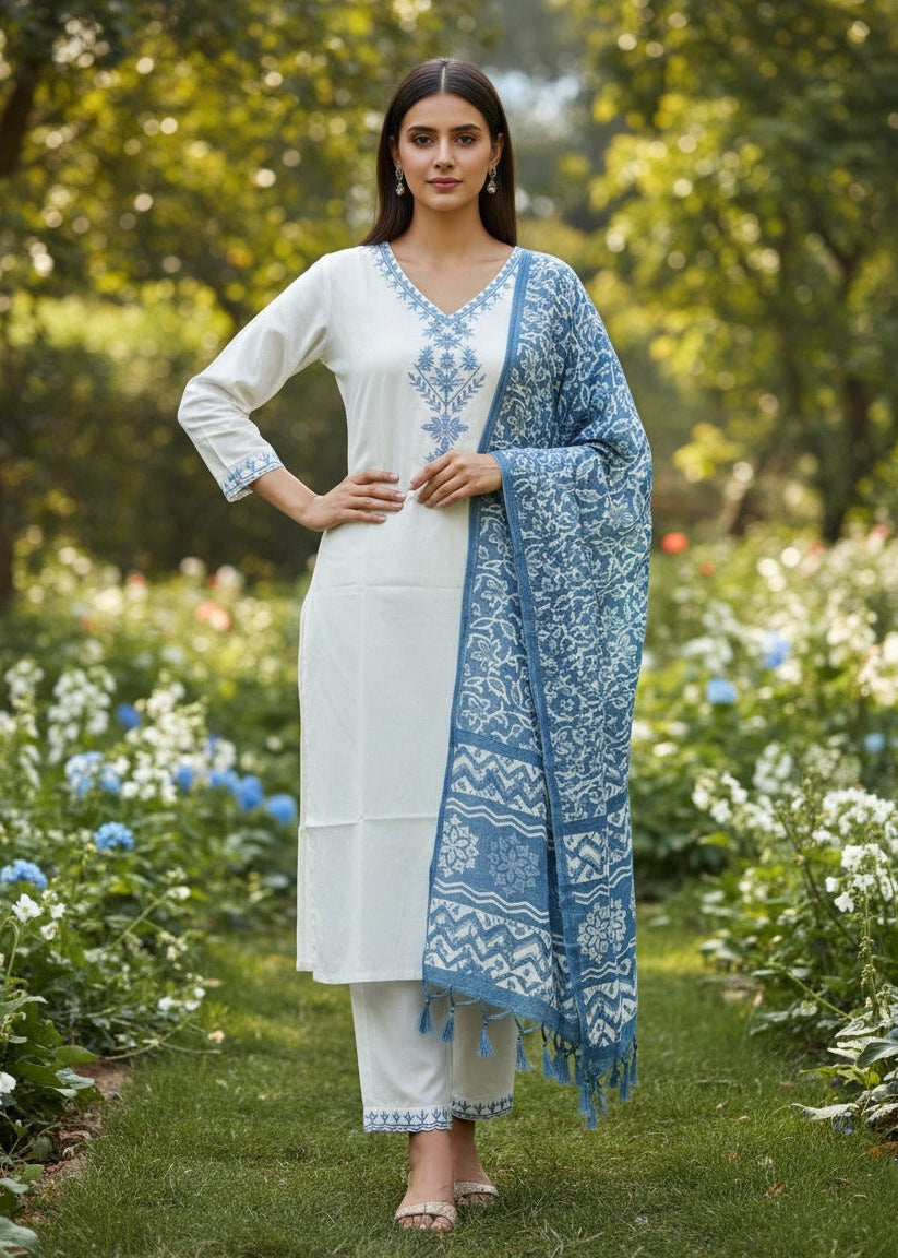 Shriwal Off-White Khadi Cotton Kurti Set with Embroidered Neck