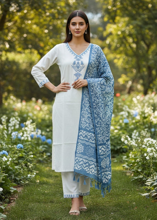 Shriwal Off-White Khadi Cotton Kurti Set with Embroidered Neck
