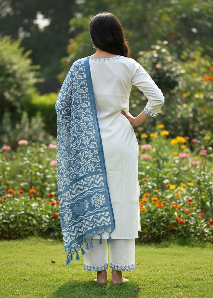 Shriwal Off-White Khadi Cotton Kurti Set with Embroidered Neck