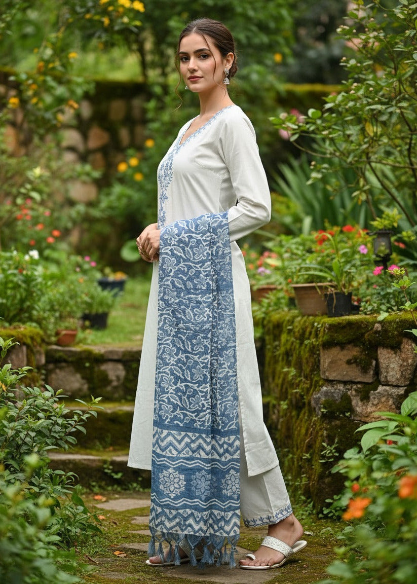 Shriwal Off-White Khadi Cotton Kurti Set with Embroidered Neck