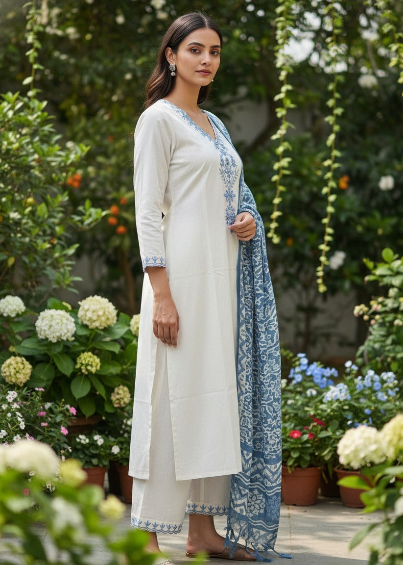 Shriwal Off-White Khadi Cotton Kurti Set with Embroidered Neck