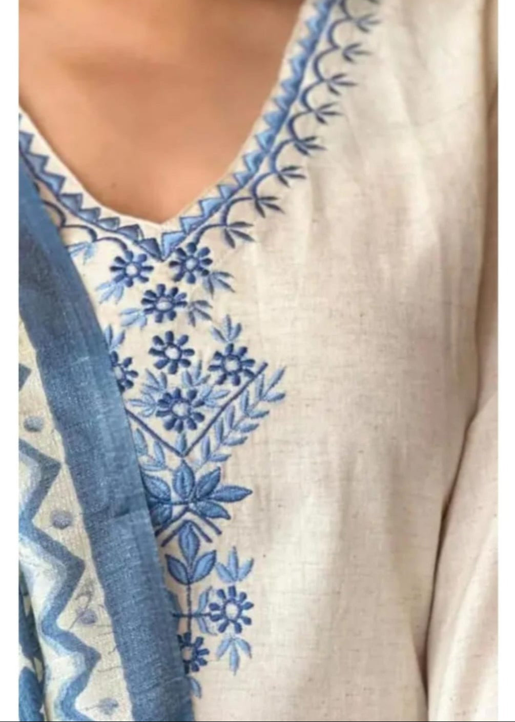 Shriwal Off-White Khadi Cotton Kurti Set with Embroidered Neck
