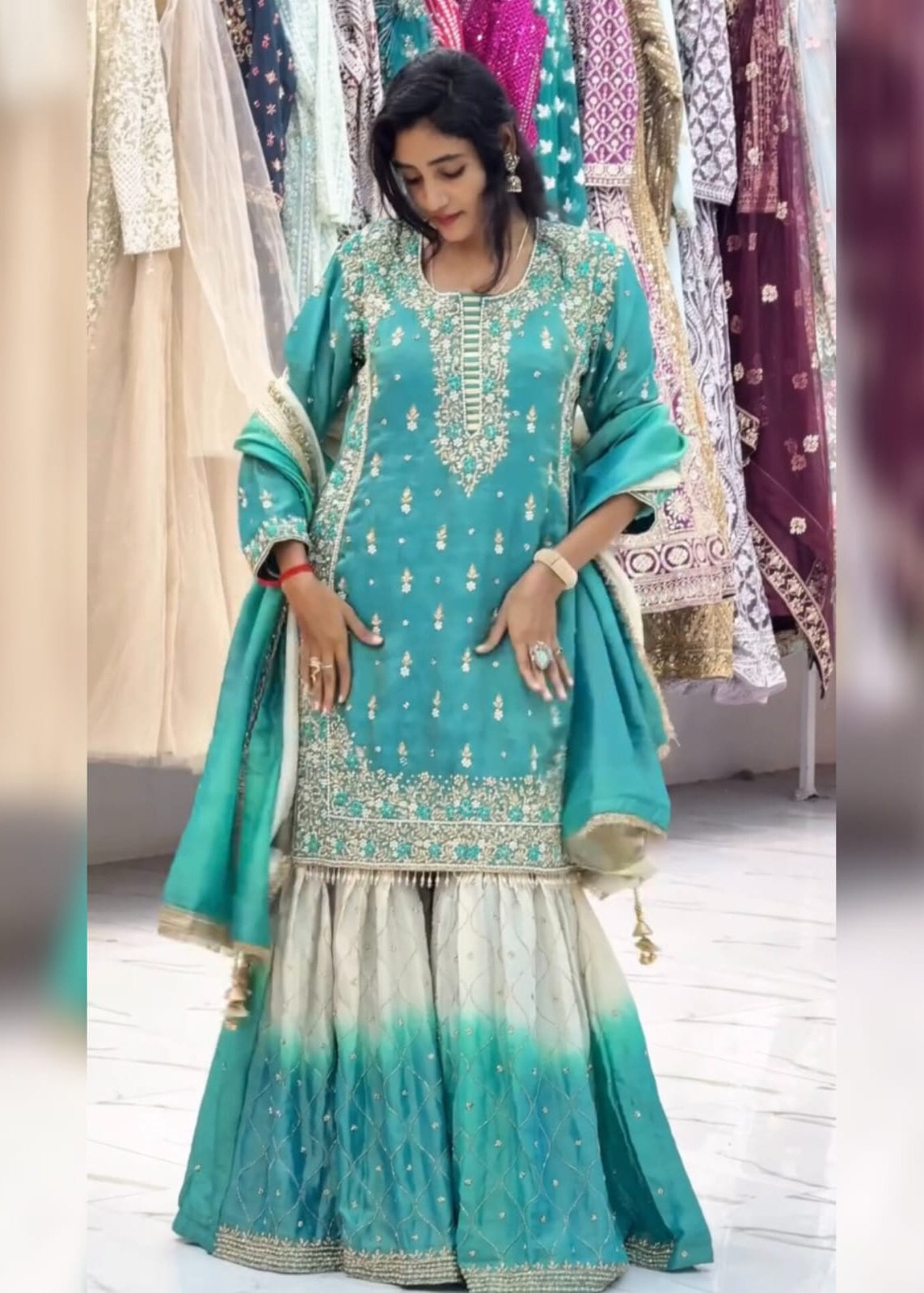 Shriwal Ocean Blue GMY Silk Embroidered Sharara Suit Set