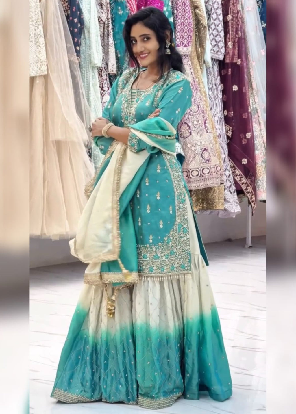 Shriwal Ocean Blue GMY Silk Embroidered Sharara Suit Set