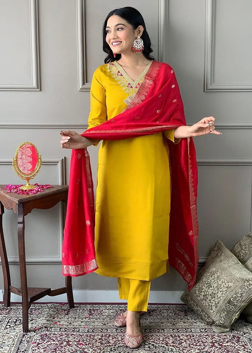 Shriwal Suryalekha Embroidered Kurta Set with Chanderi jecard Dupatta