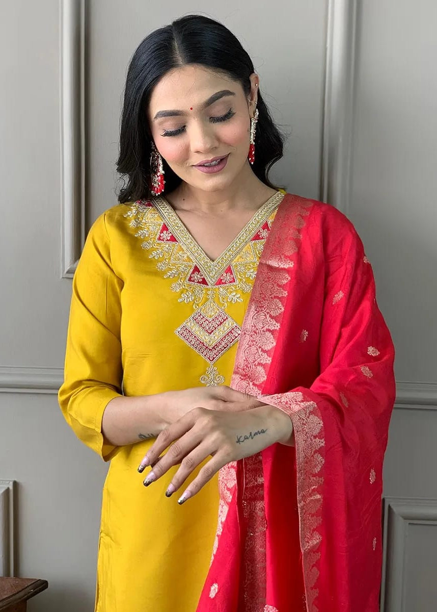 Shriwal Suryalekha Embroidered Kurta Set with Chanderi jecard Dupatta