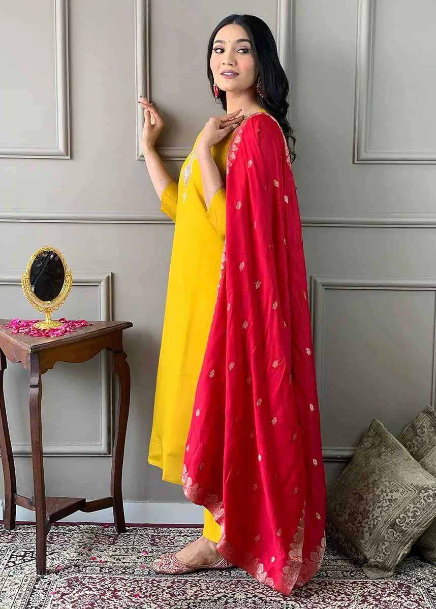 Shriwal Suryalekha Embroidered Kurta Set with Chanderi jecard Dupatta