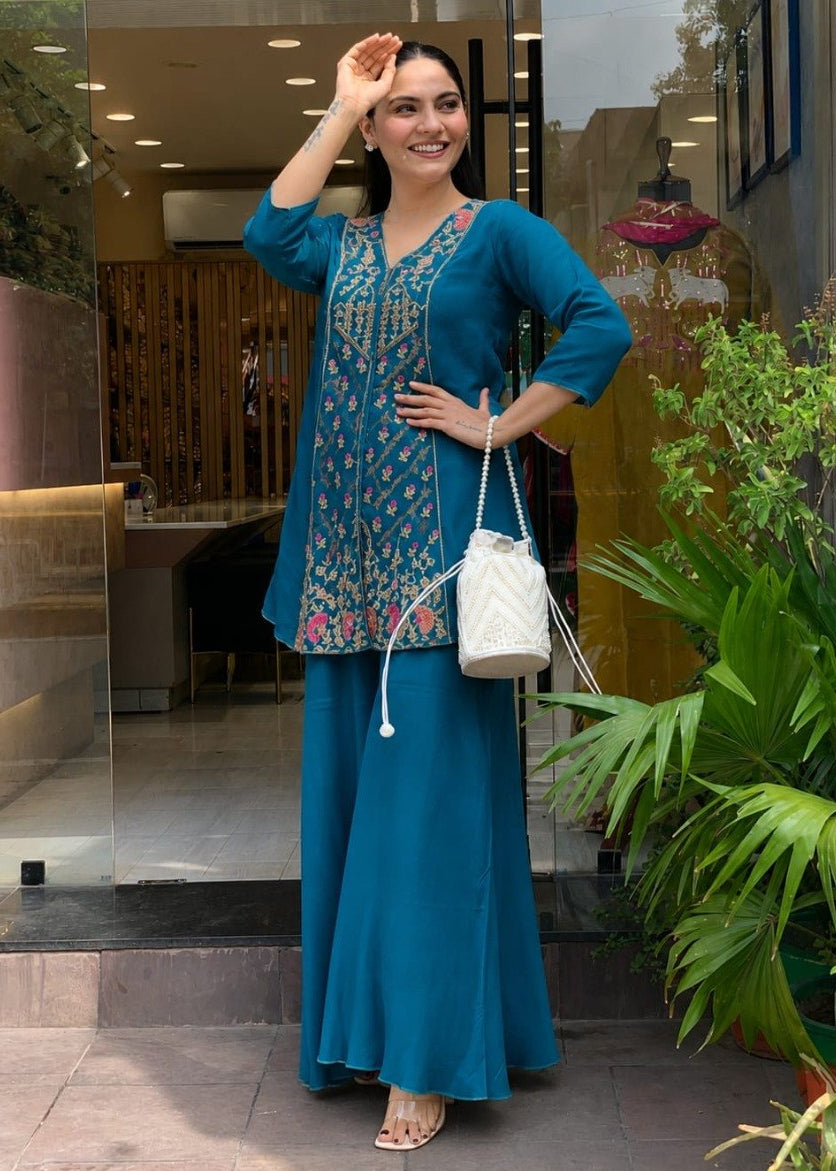 0150Shriwal Premium Roman Silk Embroidered Kurti with Sharara Set (3 Colours)