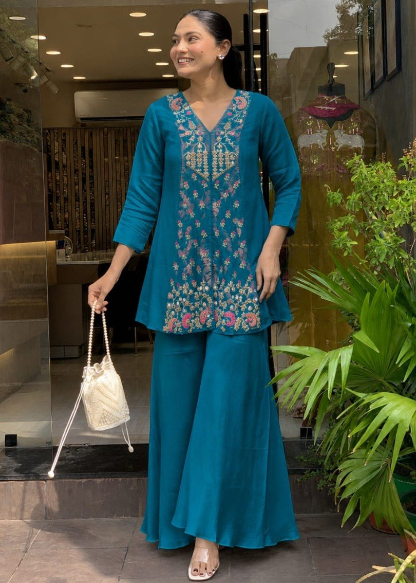 0150Shriwal Premium Roman Silk Embroidered Kurti with Sharara Set (3 Colours)