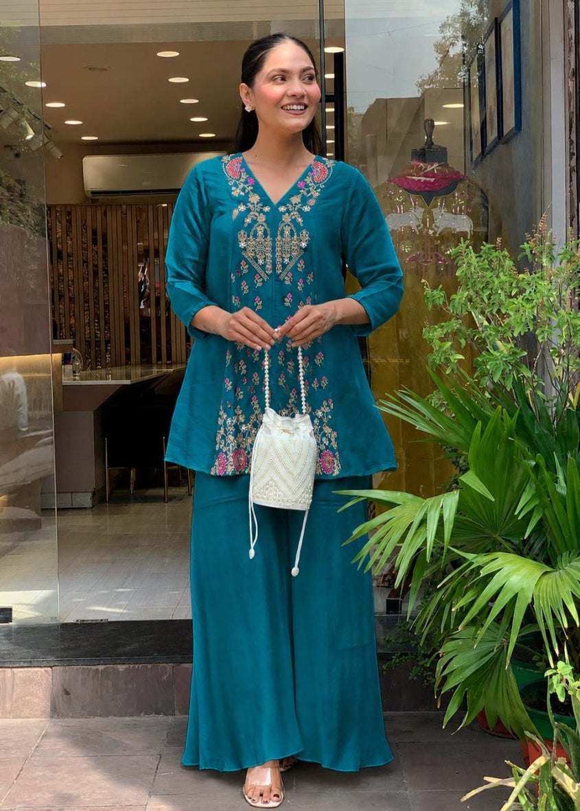 0150Shriwal Premium Roman Silk Embroidered Kurti with Sharara Set (3 Colours)