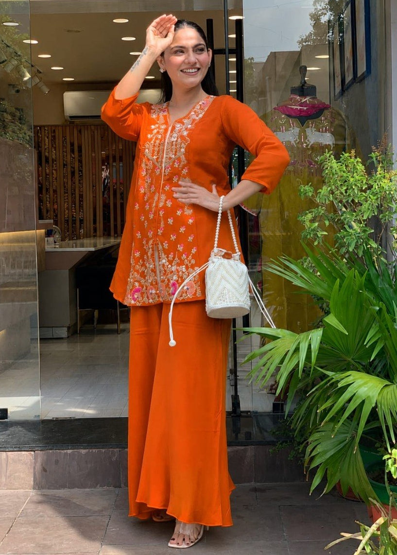 0150Shriwal Premium Roman Silk Embroidered Kurti with Sharara Set (3 Colours)