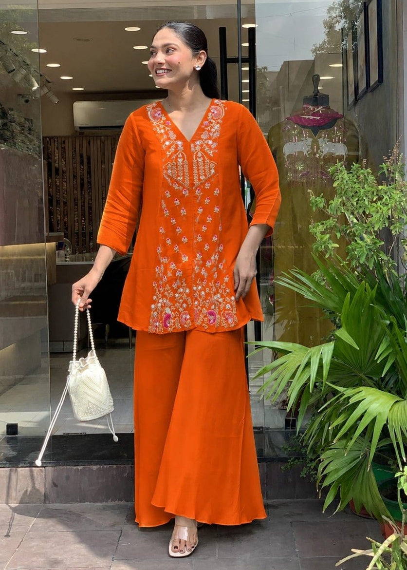 0150Shriwal Premium Roman Silk Embroidered Kurti with Sharara Set (3 Colours)