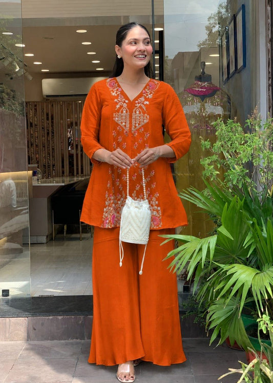 0150Shriwal Premium Roman Silk Embroidered Kurti with Sharara Set (3 Colours)