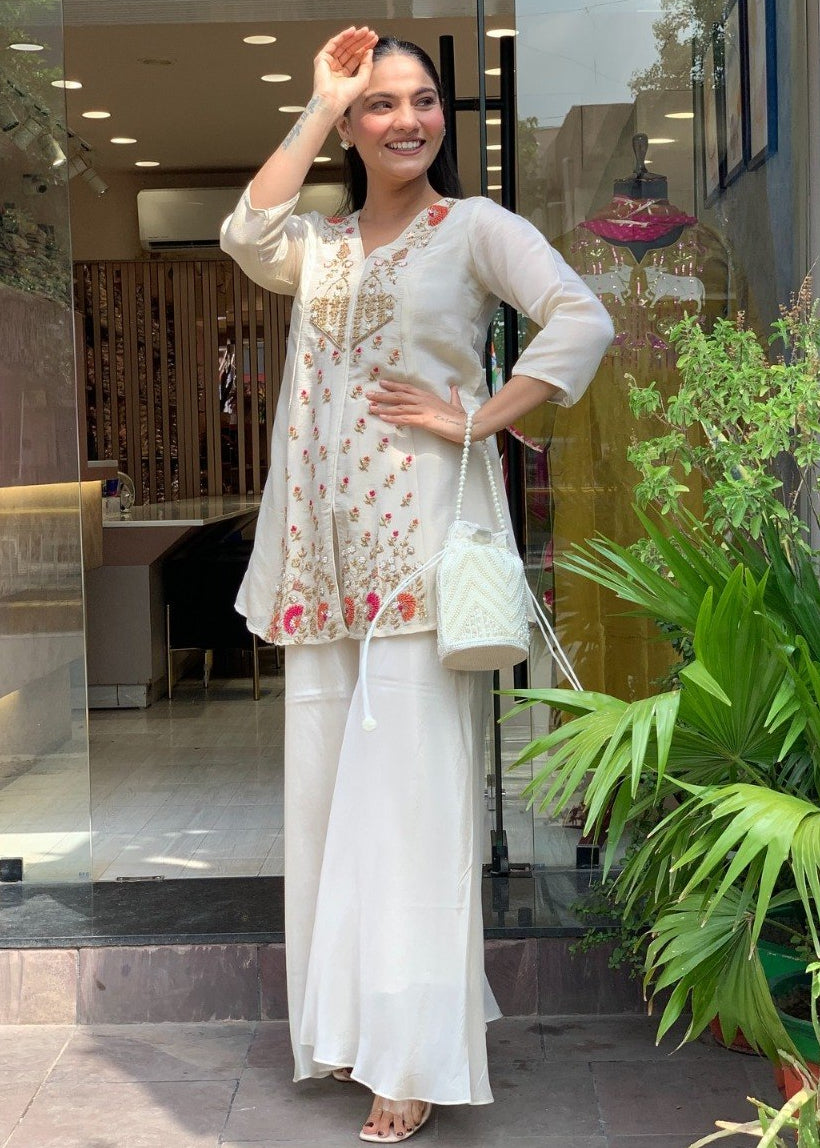 0150Shriwal Premium Roman Silk Embroidered Kurti with Sharara Set (3 Colours)