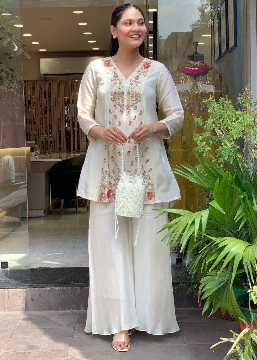0150Shriwal Premium Roman Silk Embroidered Kurti with Sharara Set (3 Colours)