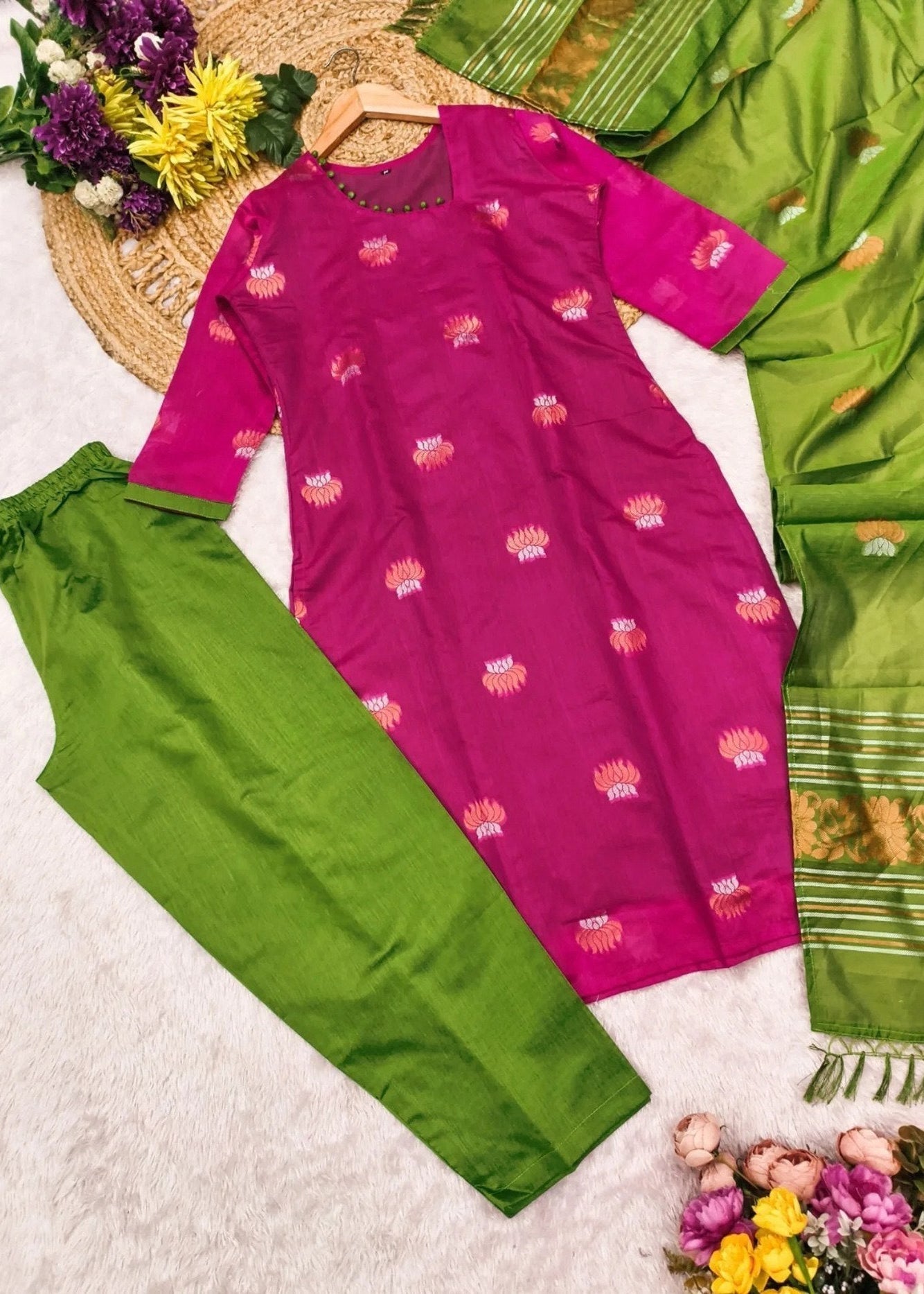 Shriwal Pink Art Silk Woven Kurta Pant Set with Green Art Silk Dupatta