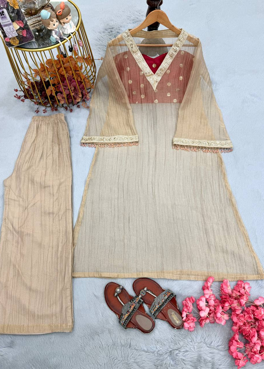 Shriwal Golden Tissue Embroidered Kurta Palazzo Set