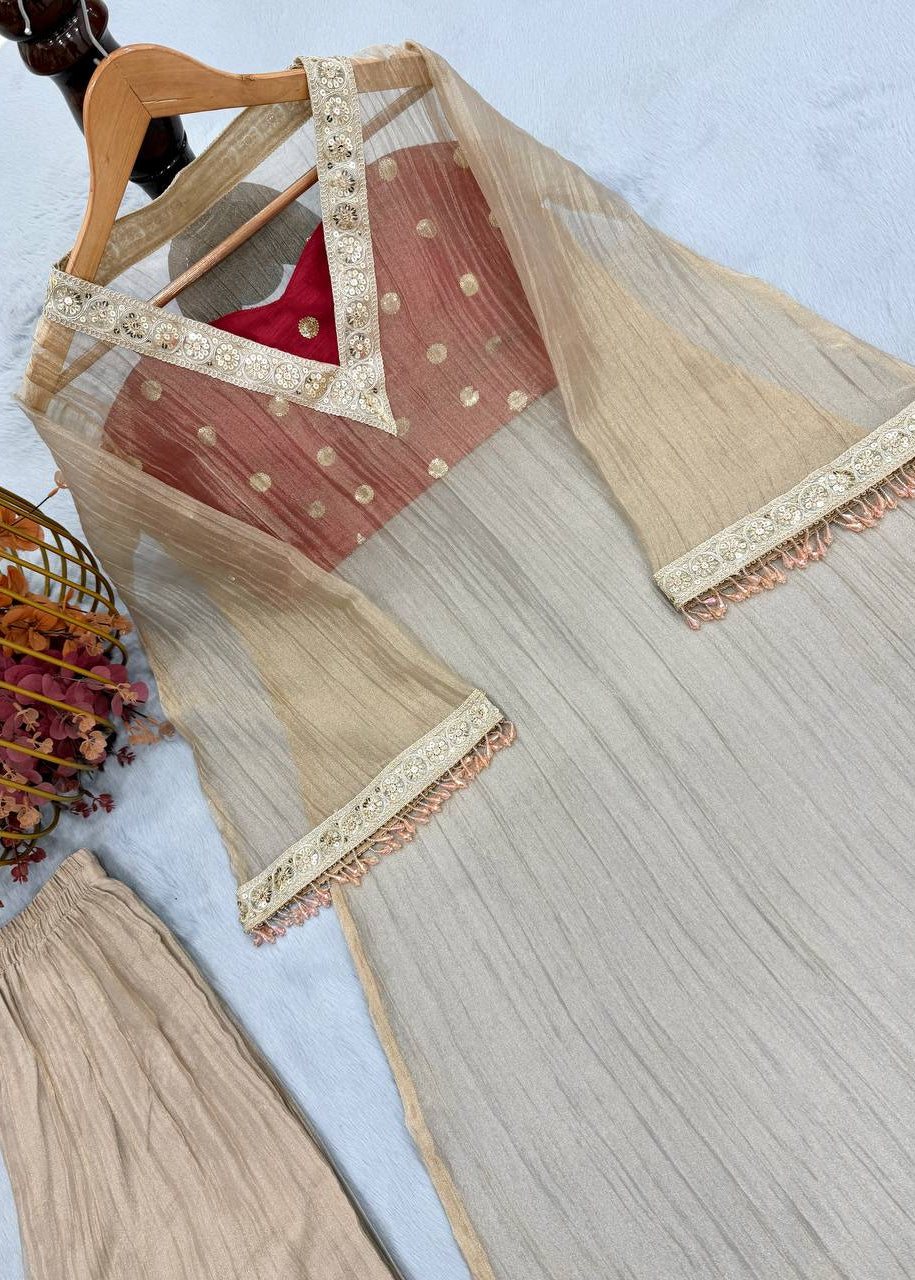 Shriwal Golden Tissue Embroidered Kurta Palazzo Set