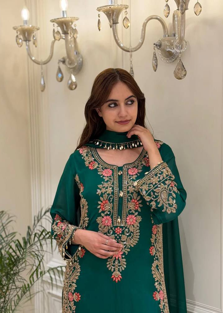 Shriwal Emerald Bloom Heavy Embroidered Faux Georgette Palazzo Suit Set