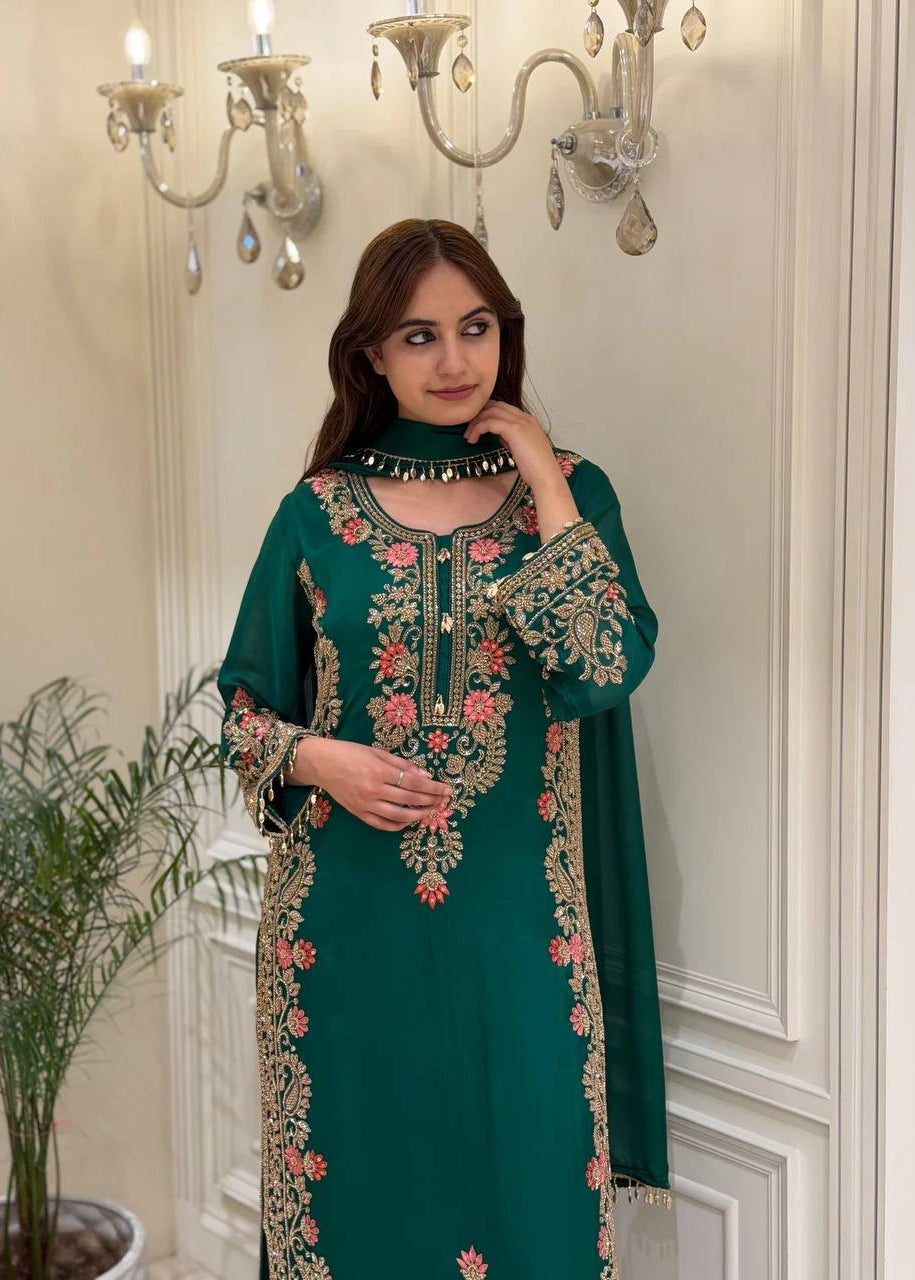Shriwal Emerald Bloom Heavy Embroidered Faux Georgette Palazzo Suit Set