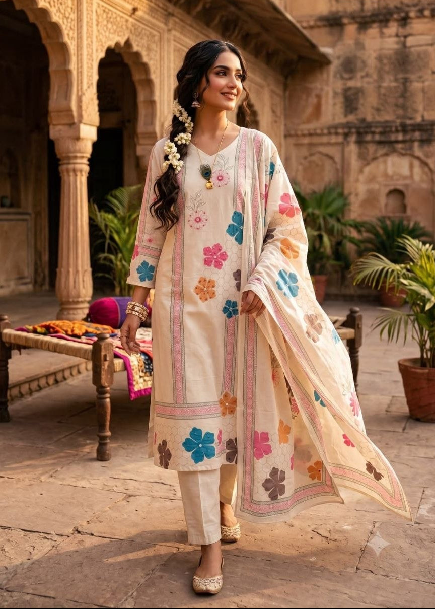 Shriwal Cream Pure Khadi Cotton Handwork Kurta Set with Digital Print Dupatta